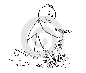 Cartoon of Gardener Digging a Hole for Plant