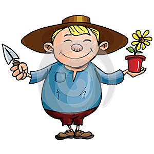 Cartoon gardener with pot plant photo