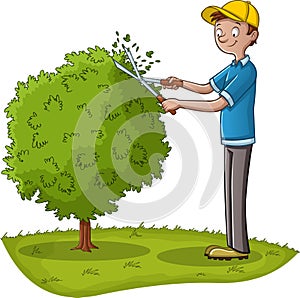 Cartoon gardener pruning a tree.