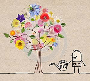 Cartoon Gardener Watering a Flowering Tree