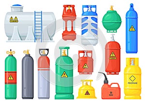 Cartoon gas cylinders. Pressure oxygen cylinder, metal tank with industrial flammable fuel, lpg bottle propane butan