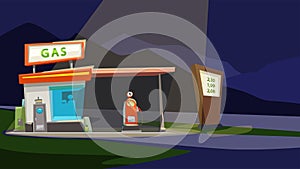 Cartoon gas station at night with light