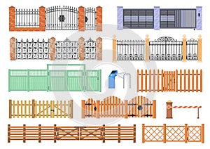 Cartoon gates and fences. Rural garden house gate of wood steel stone or brick structure, town entrance wooden fences