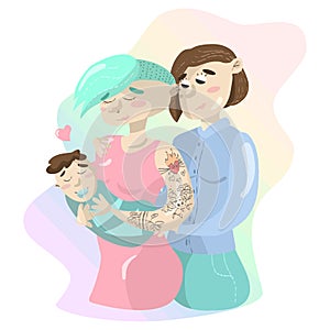 Cartoon gay lesbian nonconformist couple with baby isolated on colorful background.