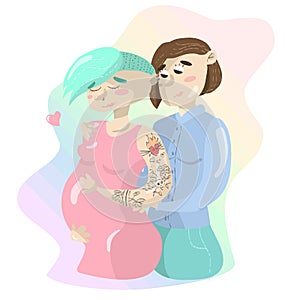 Cartoon gay lesbian nonconformist couple pregnant isolated on colorful background