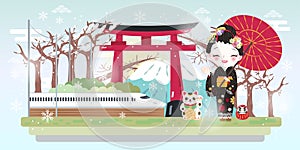 Cartoon geisha with winter japan