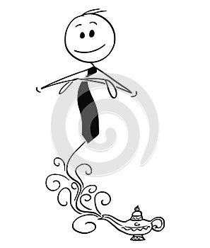 Cartoon of Genie Businessman Appearing From Lamp to Help