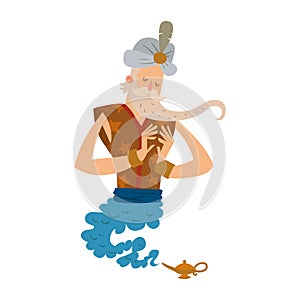 Cartoon genie character magic lamp flat vector illustration treasure arabian aladdin miracle djinn coming out on white