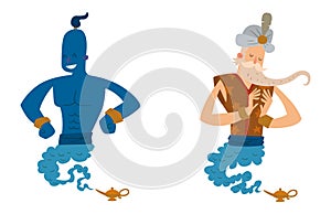 Cartoon genie character magic lamp vector illustration treasure aladdin miracle djinn coming out isolated legend set