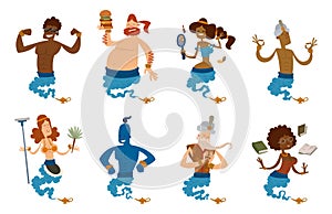 Cartoon genie character magic lamp vector illustration treasure aladdin miracle djinn coming out isolated legend set