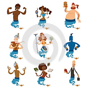 Cartoon genie character magic lamp vector illustration treasure aladdin miracle djinn coming out isolated legend set