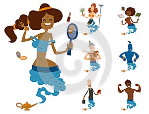 Cartoon genie character magic lamp vector illustration treasure aladdin miracle djinn coming out isolated legend set