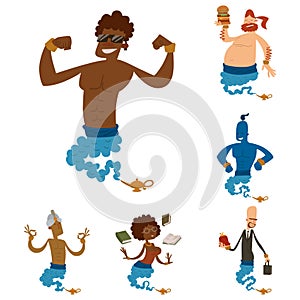 Cartoon genie character magic lamp vector illustration treasure aladdin miracle djinn coming out isolated legend set