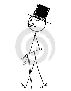 Cartoon of Gentleman Walking With Top Hat and Stick or Cane