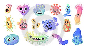 Cartoon germ character. Funny bacteria. Ameba cell. Virus and microbe with cute faces. Isolated colorful unicellular