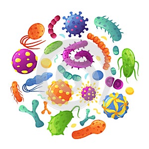 Cartoon germs in circle. Bacteria, cancer cells, viruses, germs, microorganisms. Various disease causing microbe and
