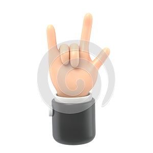 Cartoon Gesture Icon Mockup. Cartoon character hand rock on gesture. 3D rendering on white background.