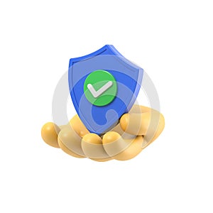 Cartoon Gesture Icon Mockup.3D Hand holding security shield and padlock. Personal data protection.