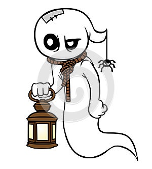 Cartoon ghost character with a lantern on a white background