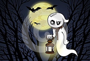 Cartoon ghost, forest, full moon and bats