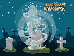 Cartoon ghost and Gravestone. Concept cartoon Halloween day elements. Vector clipart illustration for holiday cards and banners