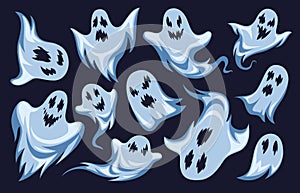 Cartoon ghost. Halloween night holiday characters. Creepy funny frightening spooky boo phantoms, monsters vector set