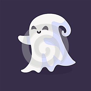 Cartoon ghost in white robe floating Haunt and scare people on Halloween night