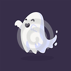 Cartoon ghost in white robe floating Haunt and scare people on Halloween night