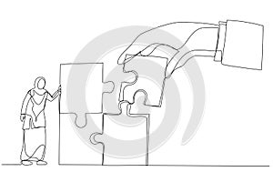 Cartoon of giant hand connect last jigsaw puzzle to office arab businesswoman worker. Metaphor for team building, leadership,