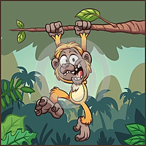 Cartoon gibbon monkey hanging from a branch