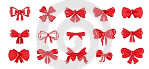 Cartoon gift bows. Decorative bowknot with ribbons for wrapping present package, cute bowtie tape for holiday celebration decor.