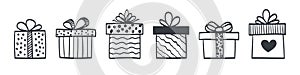Cartoon gift boxes. Set of hand drawn gift boxes. Vector illustration