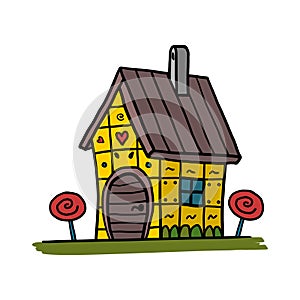 Cartoon gingerbread house from fairy tales. Home of russian baba Yaga. Isolated childish hand drawn vector drawing on white