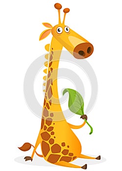 Cartoon giraffe character. Vector illustration funny giraffe eating a leaf and smiling