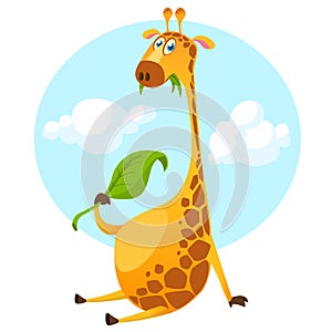 Cartoon giraffe character. Vector illustration pretty giraffe eating a leaf and smiling