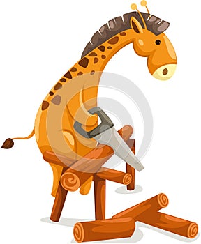 Cartoon giraffe cutting firewood