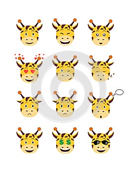 Cartoon giraffe emotions set. Smiling, bored, enamored, sleepy, sad and other giraffe`s emotions collection.