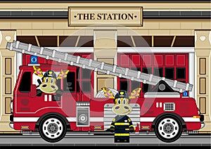 Cartoon Giraffe Fireman and Fire Truck