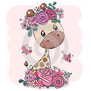 Cartoon Giraffe with flowers on a white background