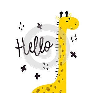 Cartoon giraffe, hand drawing lettering, decor elements. colorful vector illustration for kids, flat style.