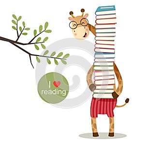 Cartoon giraffe holding a pile of books photo
