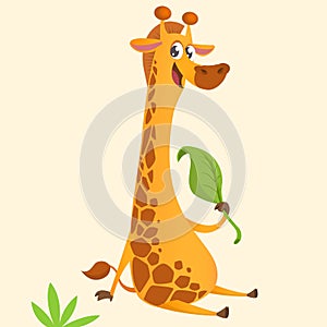 Cartoon giraffe mascot. Vector illustration of African giraffe eating a leaf