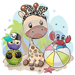 Cartoon Giraffe, owls and crab on the beach