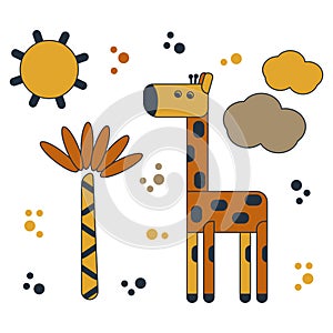 Cartoon giraffe , Palm trees, clouds and sun. Flat cute vector illustration of animals for kids