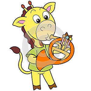 Cartoon Giraffe Playing a French Horn