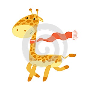 Cartoon giraffe in a red scarf on a white