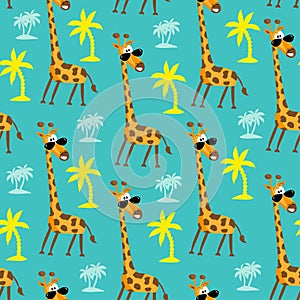 Cartoon giraffe seamless pattern on turquoise color background.