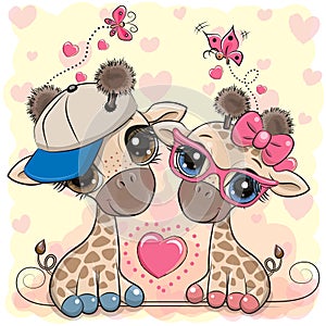 Cartoon Giraffes in a cap and glasses on a hearts background