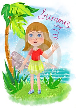 Cartoon girl on the background of the sea in the tropics plants on the balcony, illuminated by the summer sun