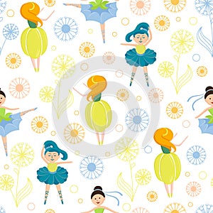 Cartoon girl ballerina surrounded by colorful dandelion vector flat illustration